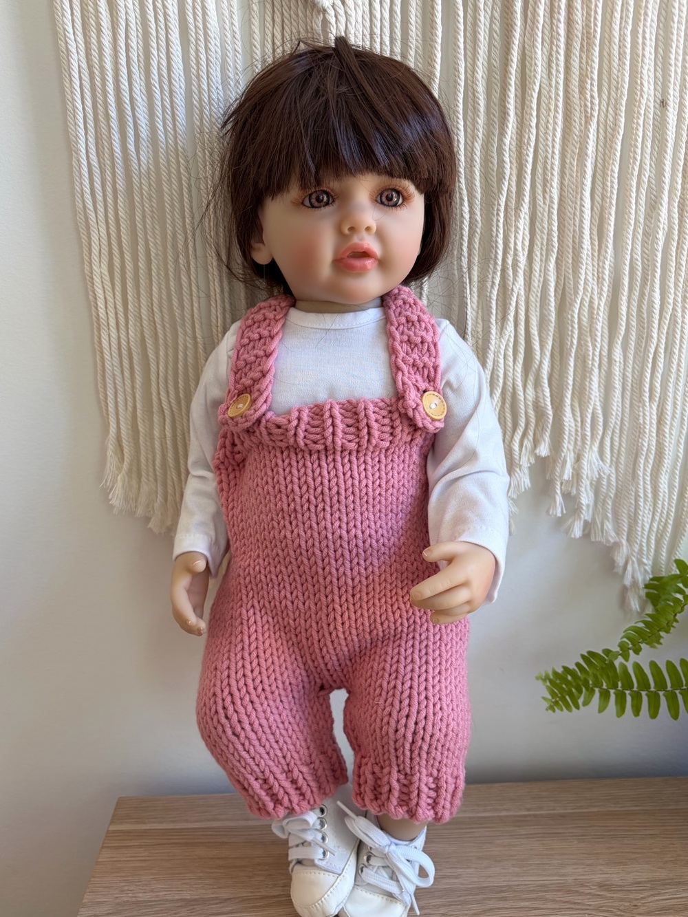 Large Toddler Reborn-Style Doll with Kids Pink Knit Overalls